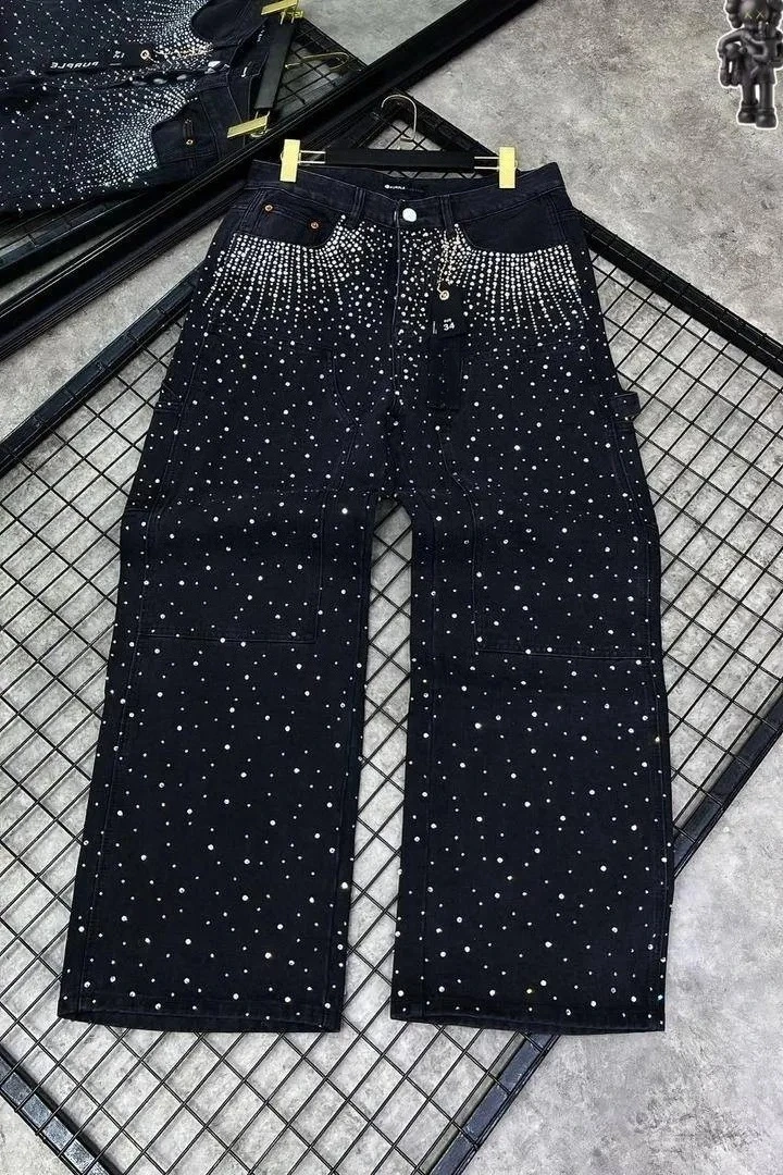 Vintage voller Diamant Pailletten glänzende Jeans Y2K Kleidung Herren Damen Harajuku Hip Hop Retro Baggy Jeans niedrige Taille weites Bein Hose