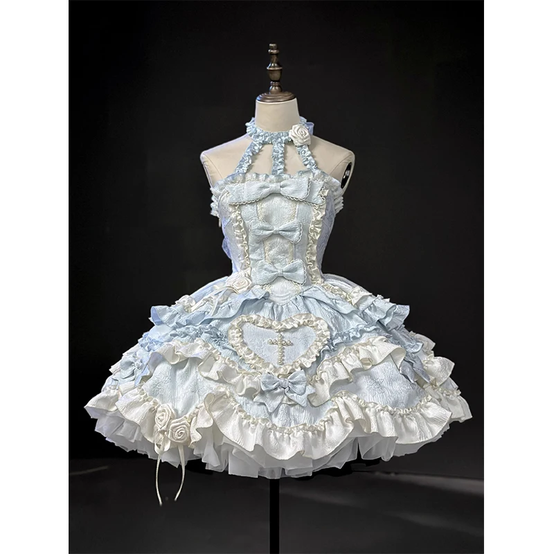 Azul lolita vestido gótico cintura alta magro elegante arco pescoço sem mangas vestido de princesa jsk senhora festa vestido curto vestidos mujer