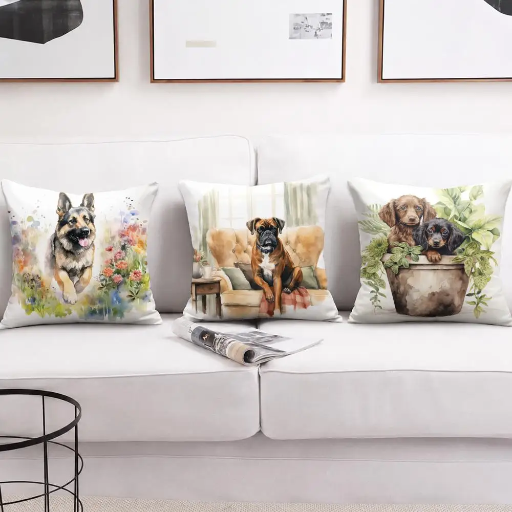 Watercolor Pet Dog Cushion Cover Soft Short Plush Pillow Cover Smooth Cozy Texture Aesthetic Cushion Case Home Decor
