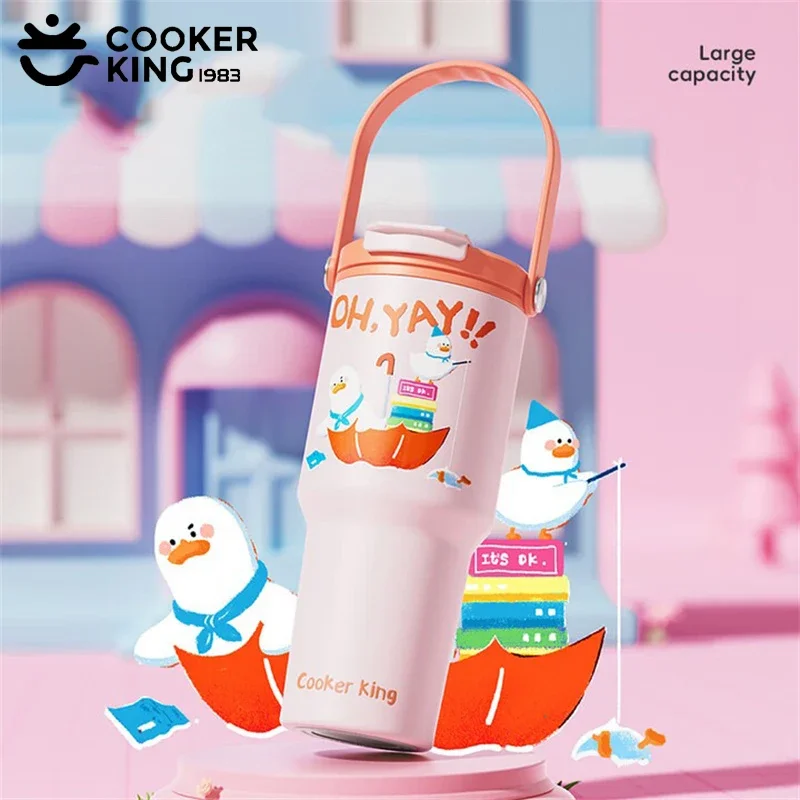 COOKER KinG 720ML Thermos Cup Cartoon Pattern Insulation Straw Cup 316 Stainless Steel Coffee Mugs Portable Outdoor Water Bottle