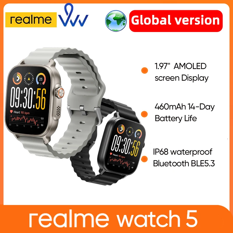 Versione globale realme watch 5 1,97" 600 nit AMOLED 460mAh Durata della batteria di 14 giorni più 300 Temi Supporto GPS GNSS IP68 impermeabile