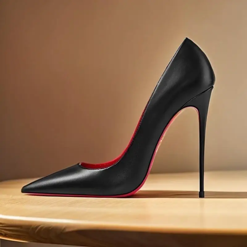 Light nude black matte leather with pointed 12cm ultra-fine heel high heels, fashionable and versatile professional shoes