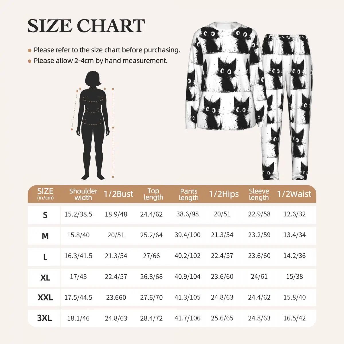 Abstract Cartoon Black Cat Round Neck Long Sleeve Nightgowns for Sleeping Sleepshirts Women Soft Pajama Set Long Pants