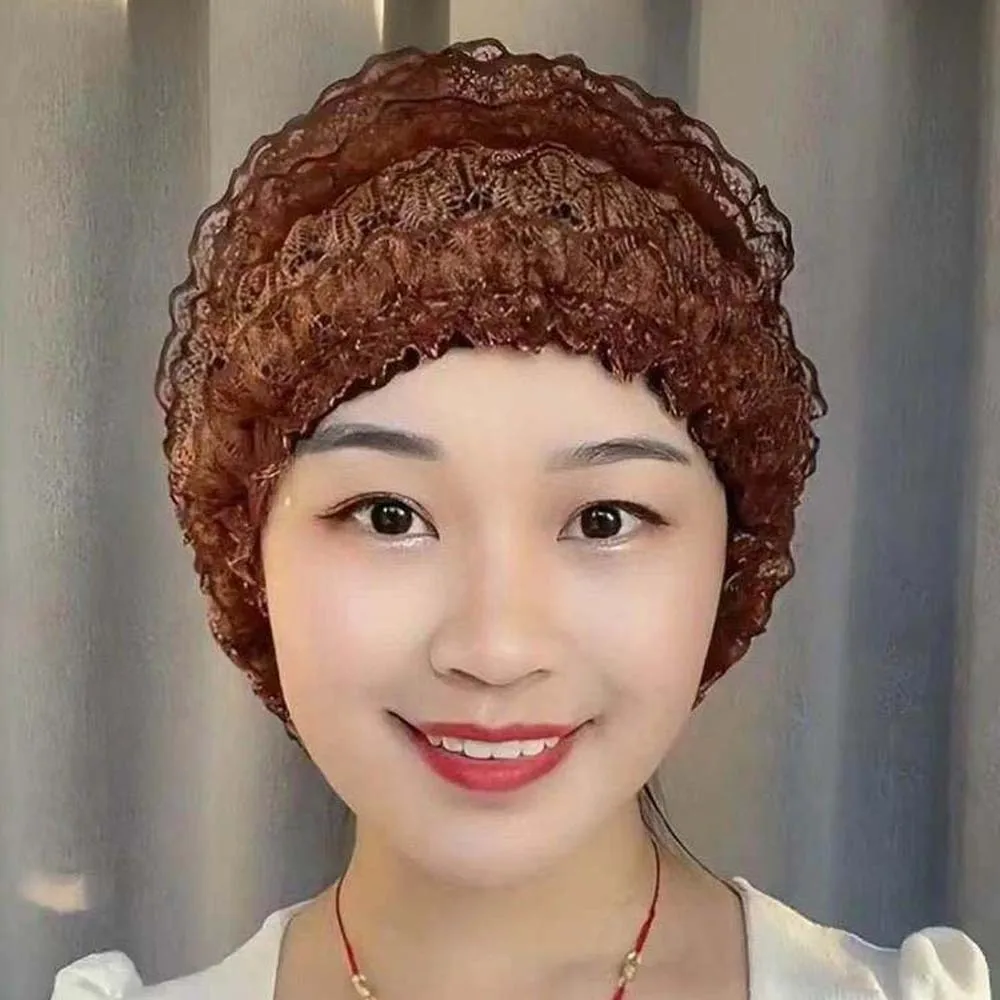 Soft Beauty Lace Curling Hat Polyester Breathable Elderly Beauty Cap Brimless Beanie Solid Color Elastic Curly Hair Hat Gifts