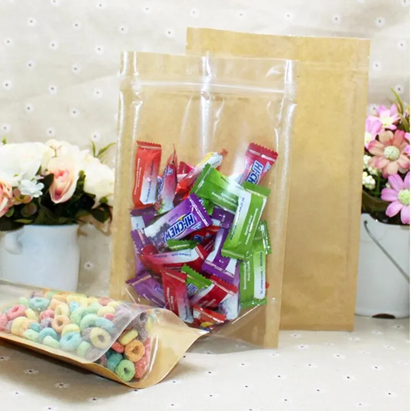 100pcs Stand up pouch Translucent kraft Zip Lock bags Front clear kraft paper zipper self sealing plastic pouch/bags with zipper