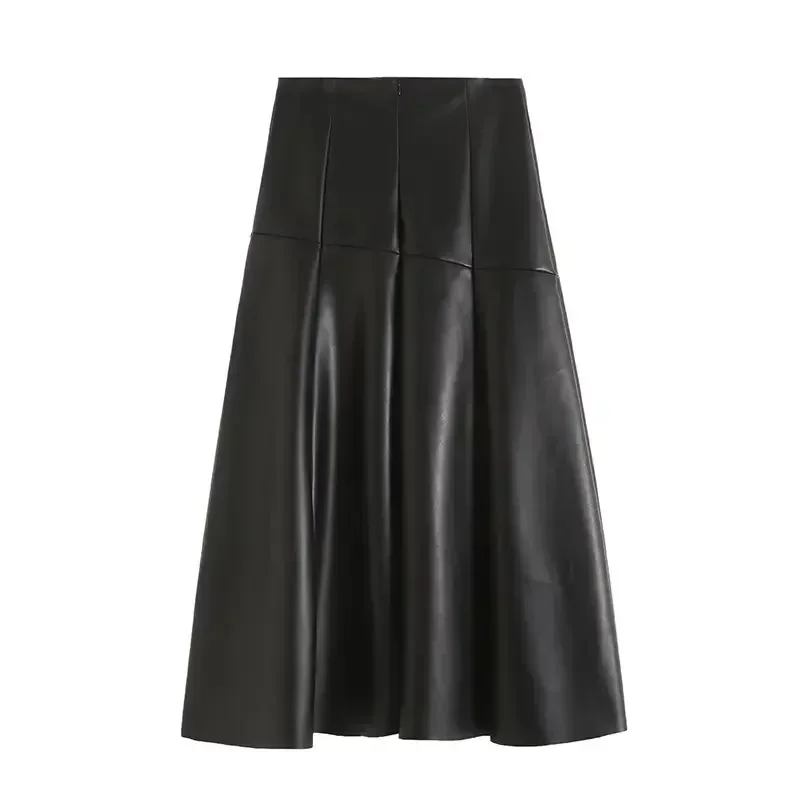 Women's Clothing Autumn 2023 New Chic Fashion Leather Slim Version Pleated Design Long Skirt Retro High Waist Zipper Skirt Mujer