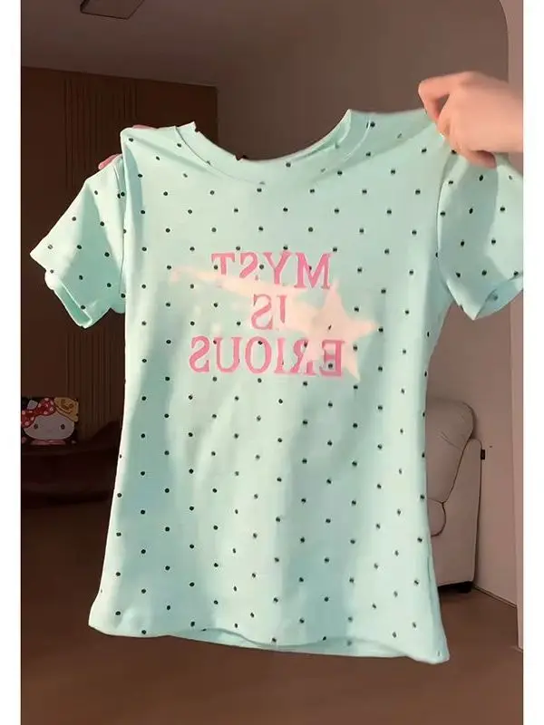 American Polka Dot Letter Print Short Sleeve T-Shirt Women's Slim Fit Summer New Style High Waist Cotton Casual Top