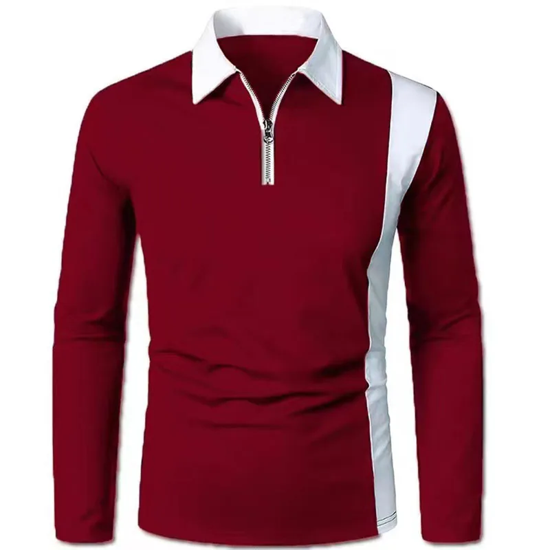 Men's long sleeved two-color patchwork fashion men's color patchwork fashion matching men's lapel long sleeved men's POLO shirt