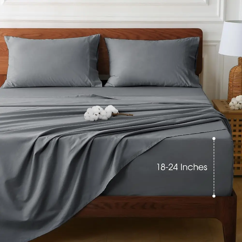 

Cotton Queen Sheet Set with Extra Deep Pocket Fits 18-24 Inch Mattress Grey Hotel Luxury Soft Cooling