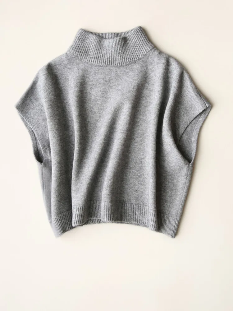 WHTREND 여성용 하이 칼라 니트 스웨터 반팔 배트윙 스타일 루즈 캐주얼 풀오버 가을 겨울 신상품 WH1258