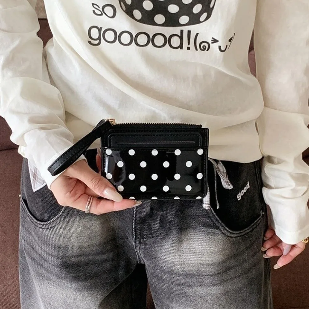 Ultra Light Polka Dot Card Holder Ultra Slim PU Leather Minimalist Coin Purse Zipper Multi Card Slots Women Mini Wallet Backpack
