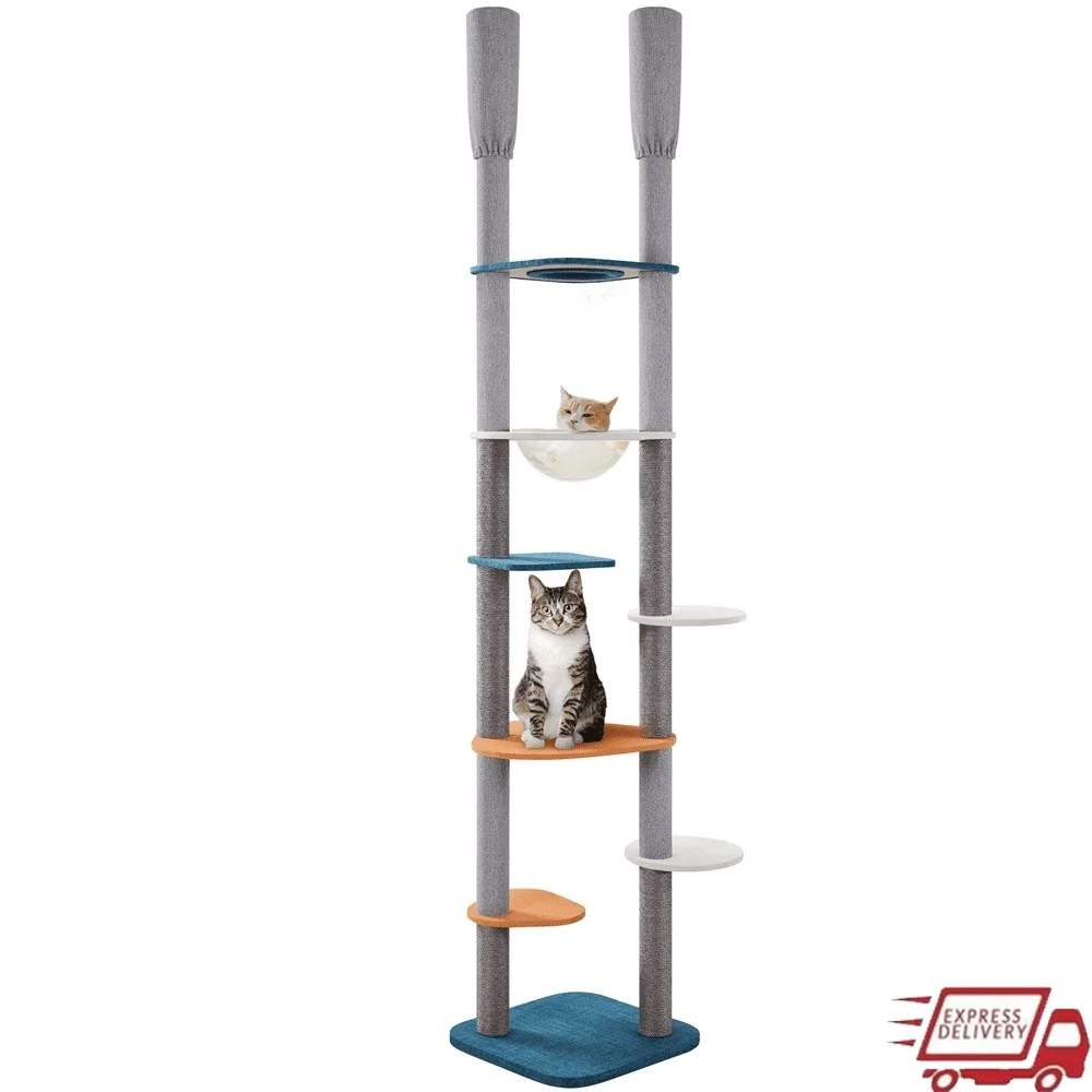 

Floor-to-Ceiling Cat Tree with Clear Cat Bed 6 Scratching Posts Adjustable Height Multi-Level Design Active Cats