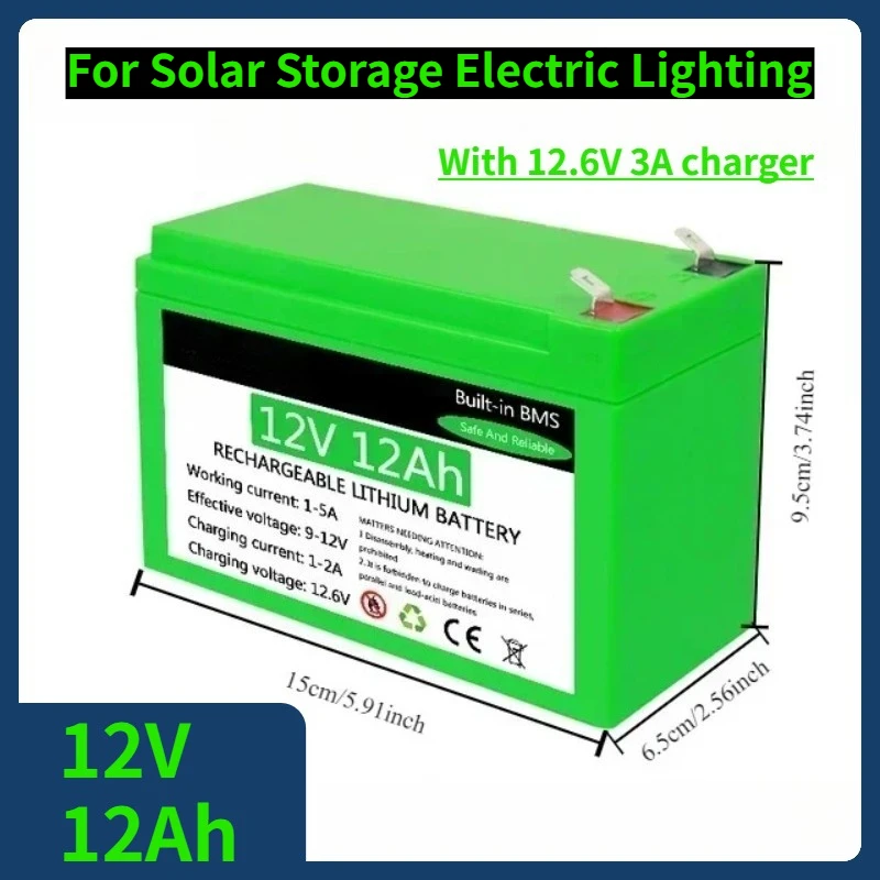 

12V 12Ah 18650 Lithium Recharable Battery for Solar Storage Electric Lighting with 12.6V 3A Charger