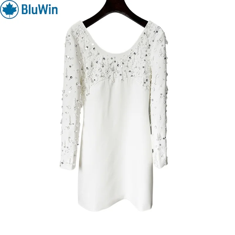 

URBANCHIC New Arrival U Neck Beaded Rhinestone Dress Women Long Sleeve Slim Fit Midi Cocktail