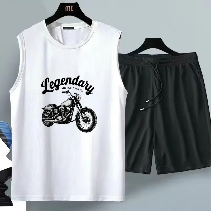 

2025 Men's Sleeveless Casual Sports Two-Piece Set + Comfortable Lightweight and Stylish Motorcycle Printed Sportswear T-Shirt