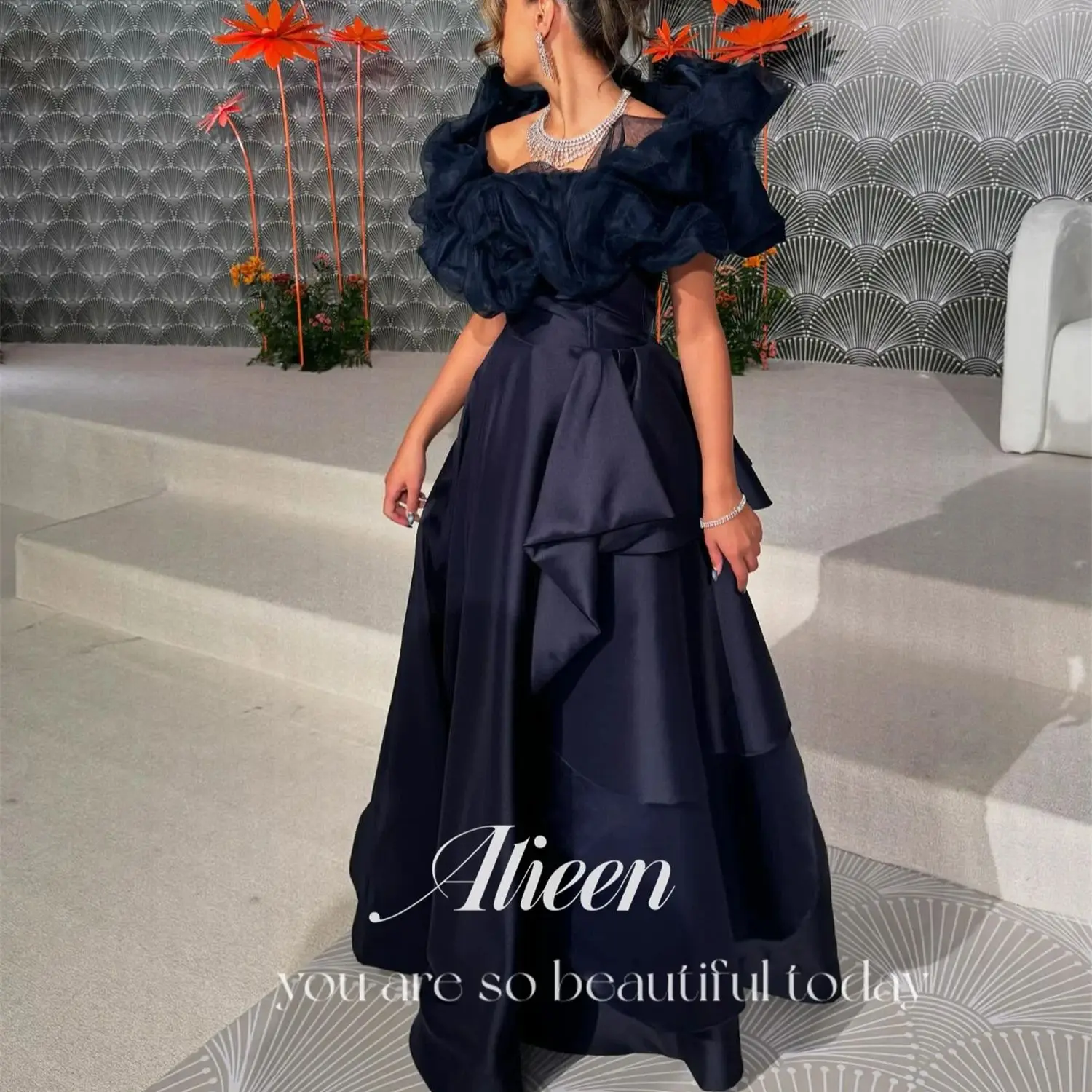 

Aileen Navy Blue Elegant Women's Dresses for Special Occasions Evening Luxury Dress 2024 Customized Satin A-line Robe Soiree