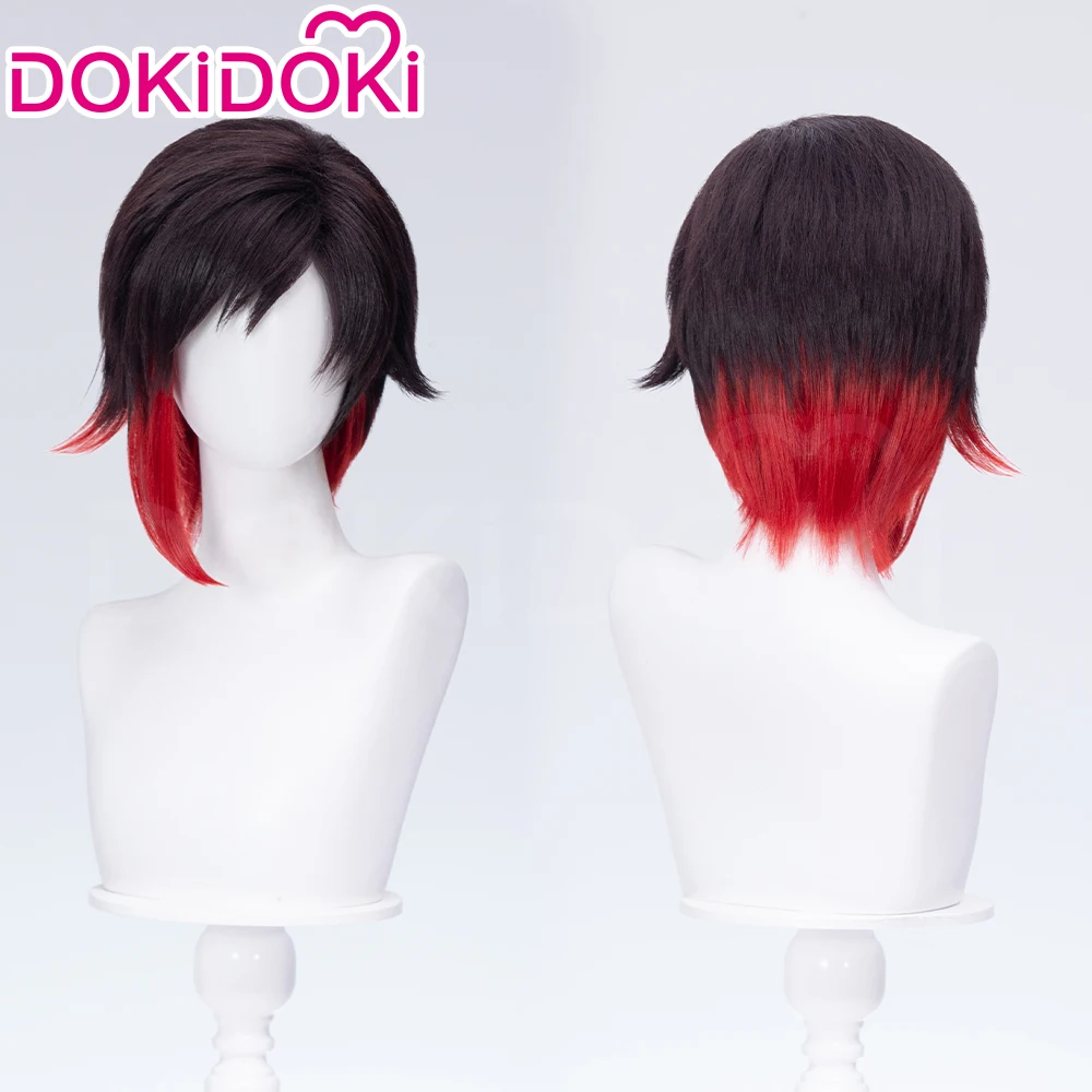 Peluca de rubí rosa para mujer, Cosplay de Anime DokiDoki, pelo corto negro y rojo, peluca sintética resistente al calor, Cosplay de rosa rubí para Halloween