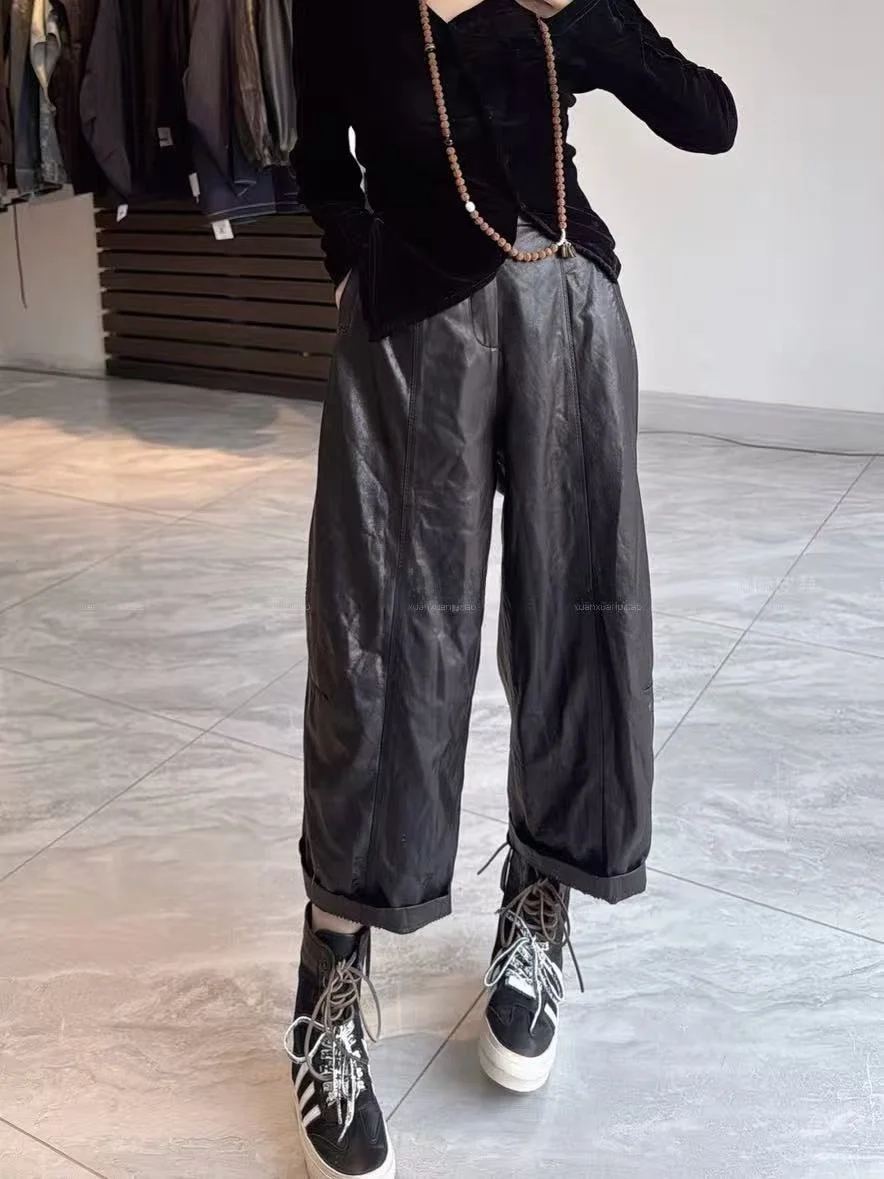 

Новые женские брюки из натуральной кожи 2025 года: свободные, утягивающие, повседневные, модные, из овчины, укороченные, для поездок на работу