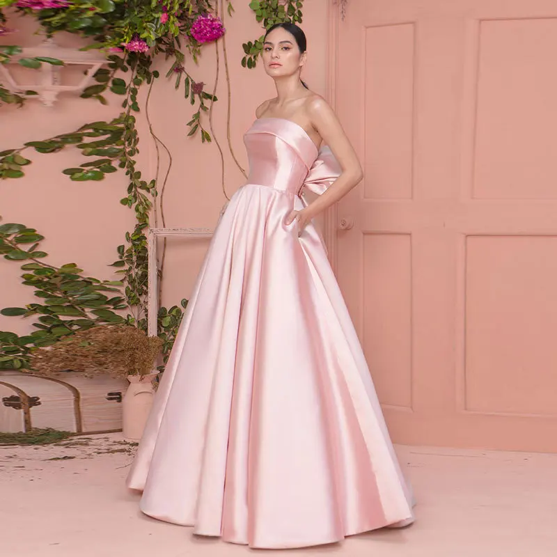 

Pink Women Evening Dresses With Bow Strapless Prom Party Gowns Formal Vestido De Fiesta Abendkleider robes de soirée