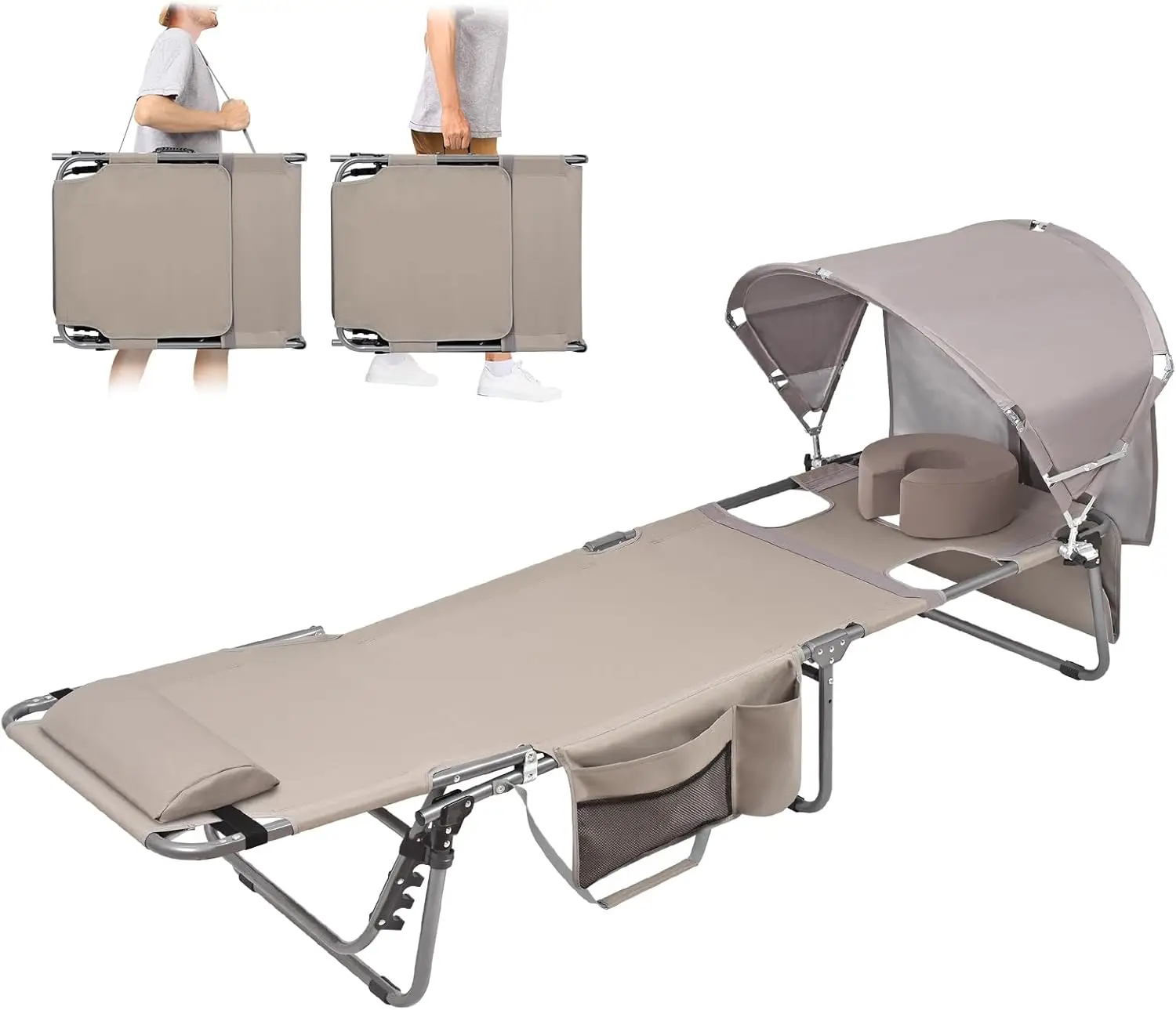 

Шезлонг для загара с навесом и отверстием для лица, с мягкой регулируемой моющейся обивкой, усиленный складной шезлонг для взрослых для использования на улице