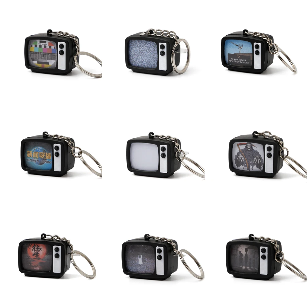 Mini Retro Tv Keychain Screen Without Signal Horror Customized Screen Pattern LED Sound TV Model Keyring For Bag Charms Key Ring