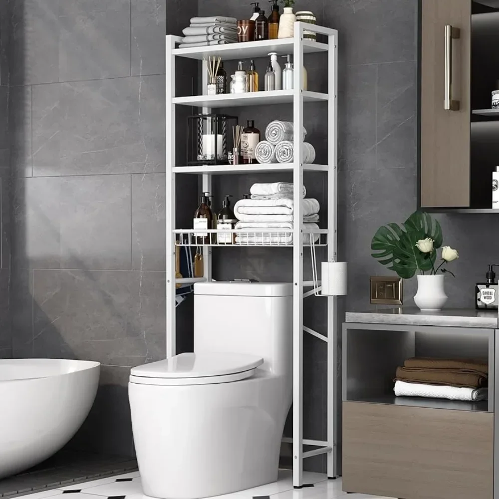 Shelf for Bathroom Accessory Adjustable Shelf and Basket Space-Saving Bathroom Shelves 4-Tier Over-The-Toilet Storage Rack White