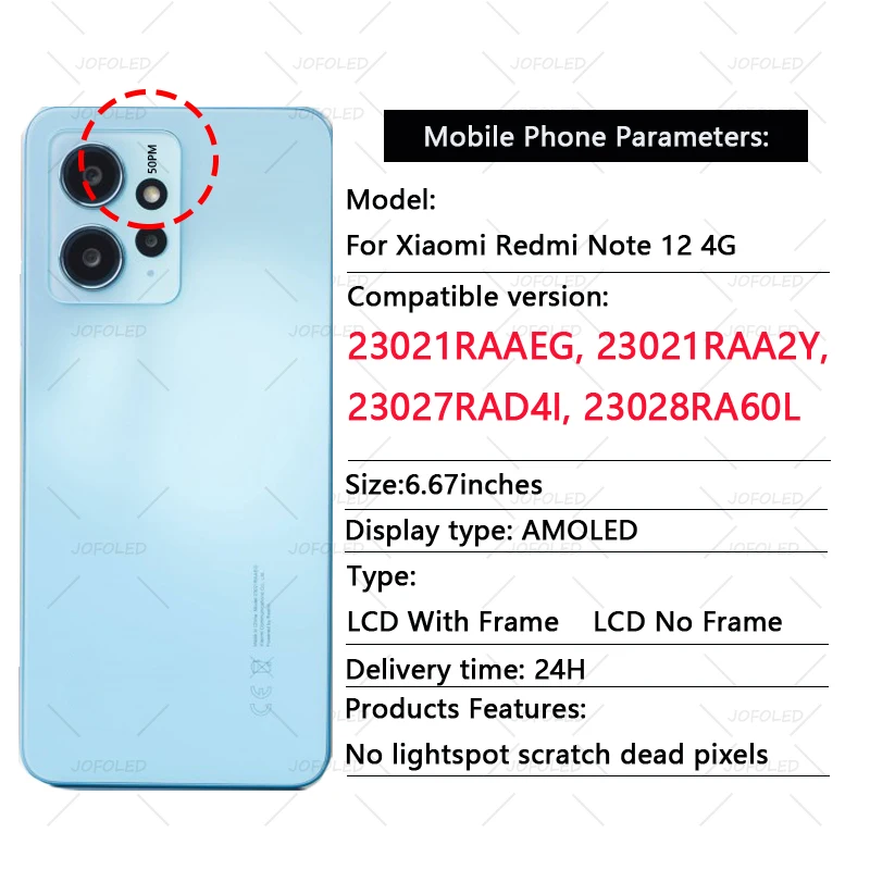 AMOLED Display For Xiaomi Redmi Note 12 4g 5g Touch Screen Digitizer Panel Assembly 23021RAAEG 23021RAA2Y Screen Display Replace