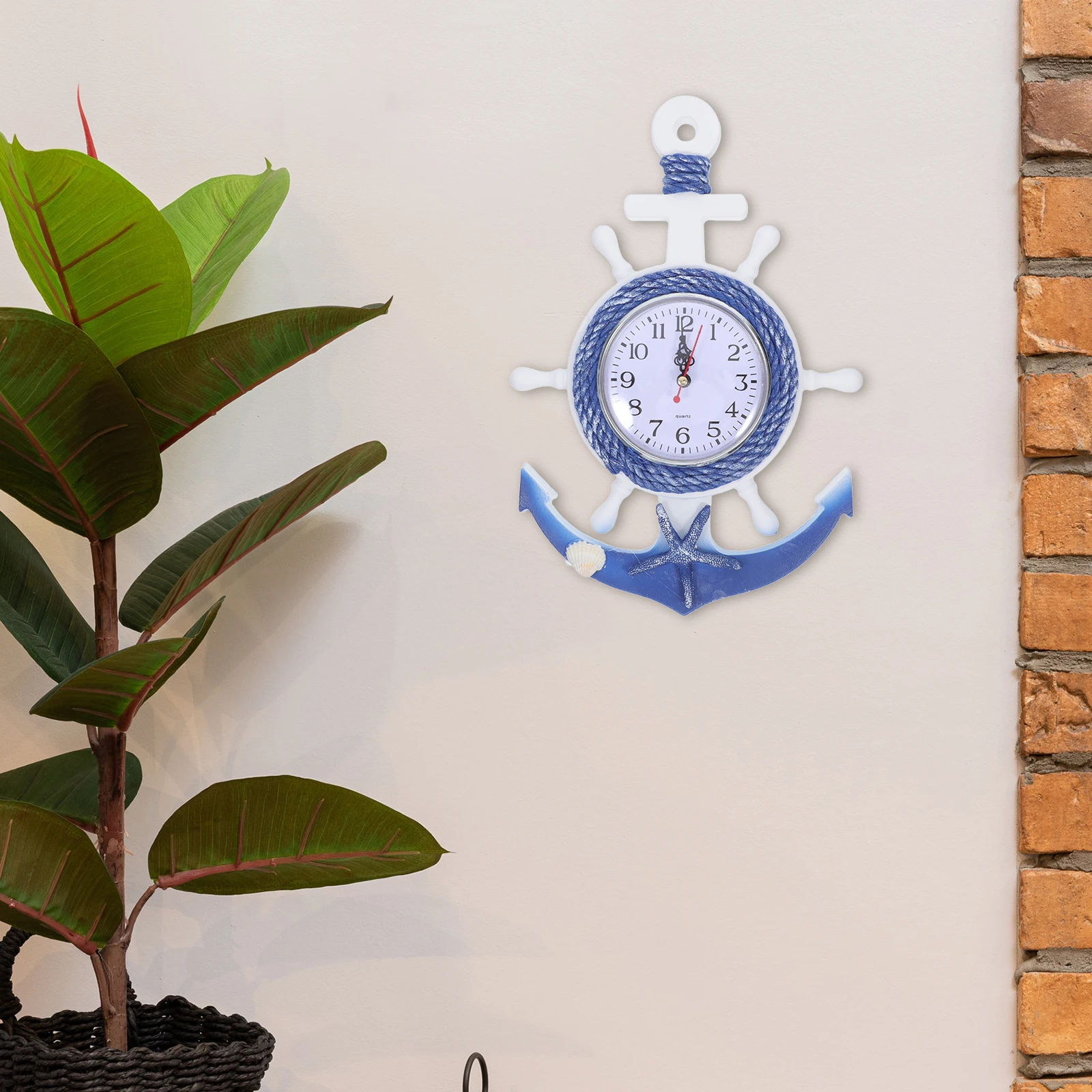 

Mediterranean Style Wall Clock Wooden Plastic Boat Anchor Star Design Clear Mirror Surface For Living Room Bedroom Wall