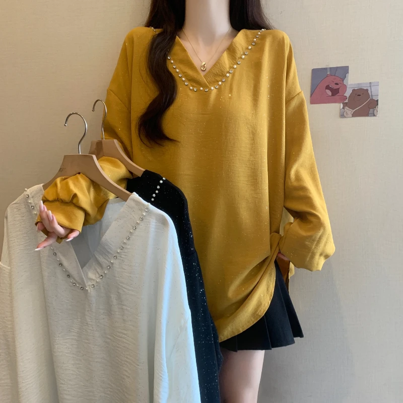 

Spring Summer New Plus Size V-neck Beaded Loose Sequin Long Sleeve Top Beautiful