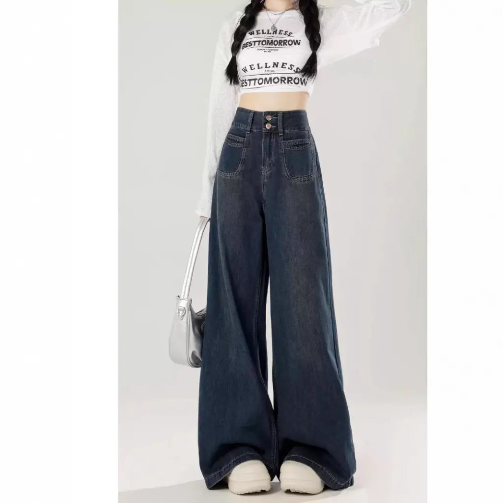 Women's High Waist Wide Leg Jeans American Style Retro plus Size Loose Slim-fit Pants for Spring And Autumn