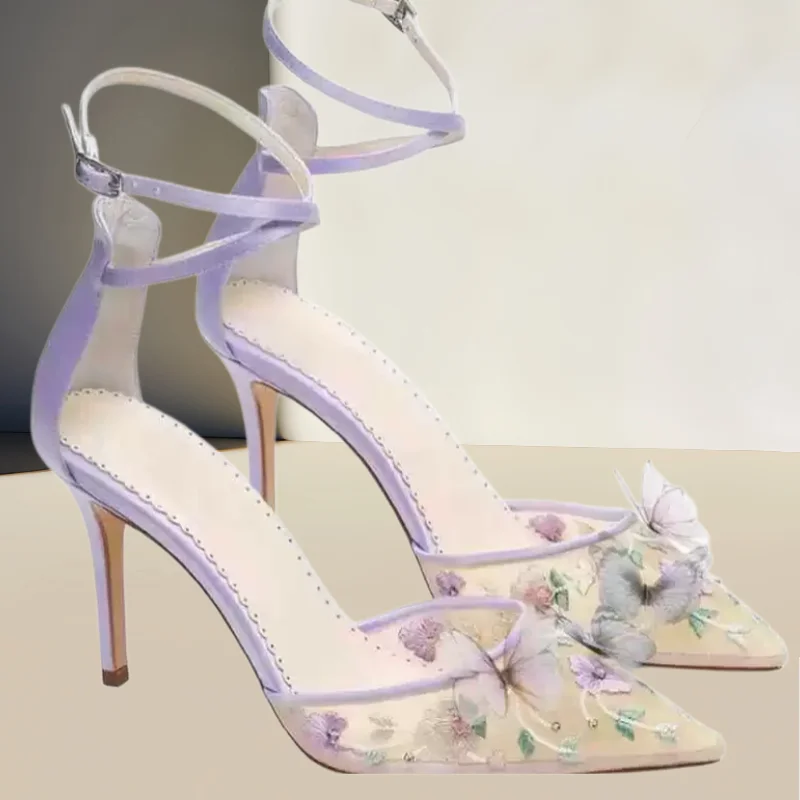 

Carving Shoes for Ladies Pointed Toes High Heels Flower Decoration Tacones Mixed Colors Zapatos Mujer Ankle Strap Chassure Femme