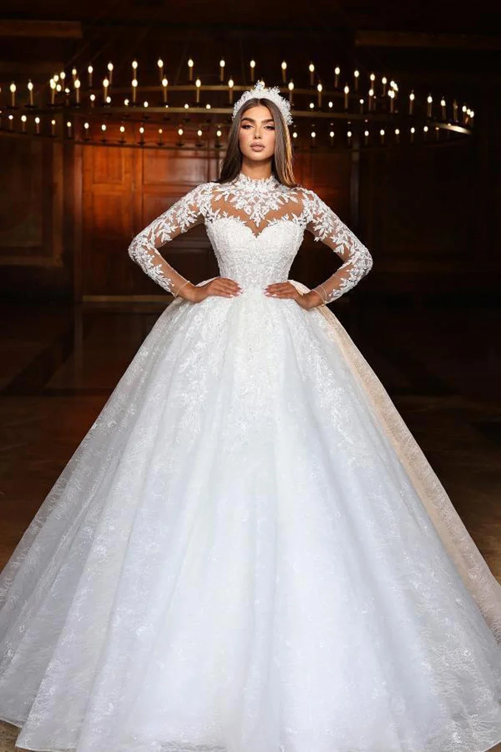 

Flavinke Customized Lace Sequin Princess Wedding Dresses Appliques High Neck Full Sleeves A Line Bridal Gowns Vestido De Novia