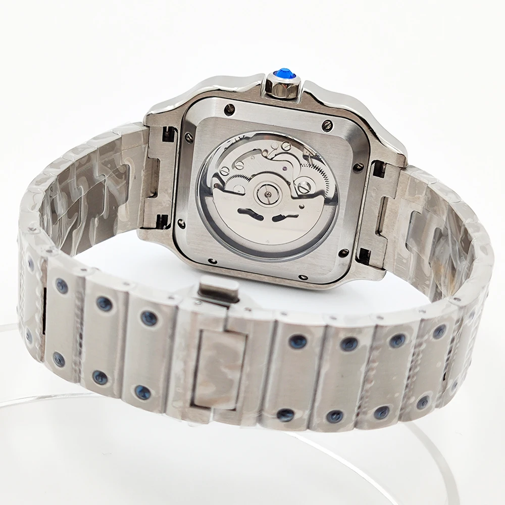 ساعات NH35 ساعات مربعة للرجال والنساء، ساعات أوتوماتيكية للرجال والنساء، ساعات كاجوال بحزام من الخيزران من الفولاذ المقاوم للصدأ