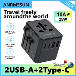 Universal Travel Adapter with 4 AC Outlets 1 USB Ports 2 Type-C PD 25W All-in-one Fast Power Charge On EU UK US AUS Plug