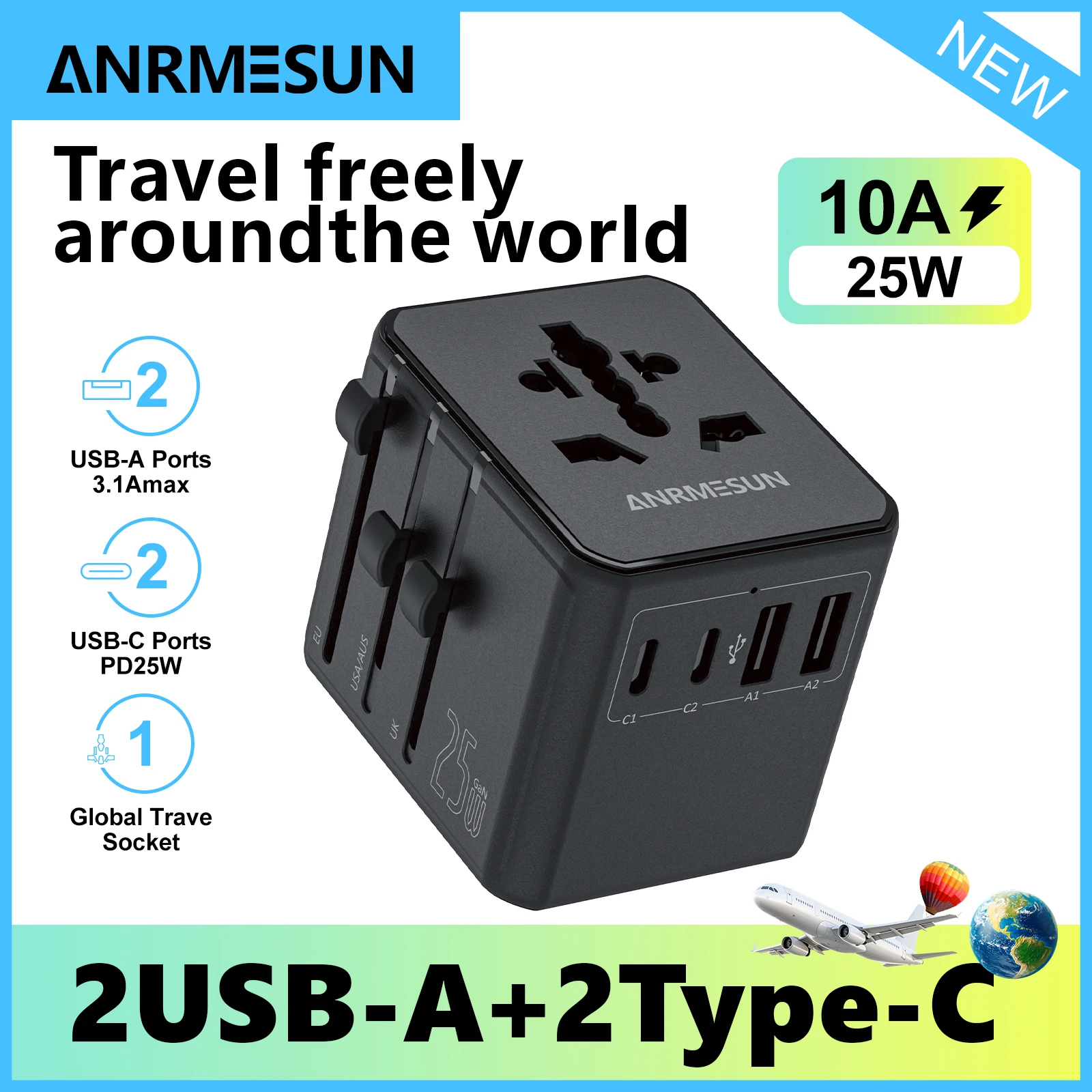Universal Travel Adapter with 4 AC Outlets 1 USB Ports 2 Type-C PD 25W All-in-one Fast Power Charge On EU UK US AUS Plug