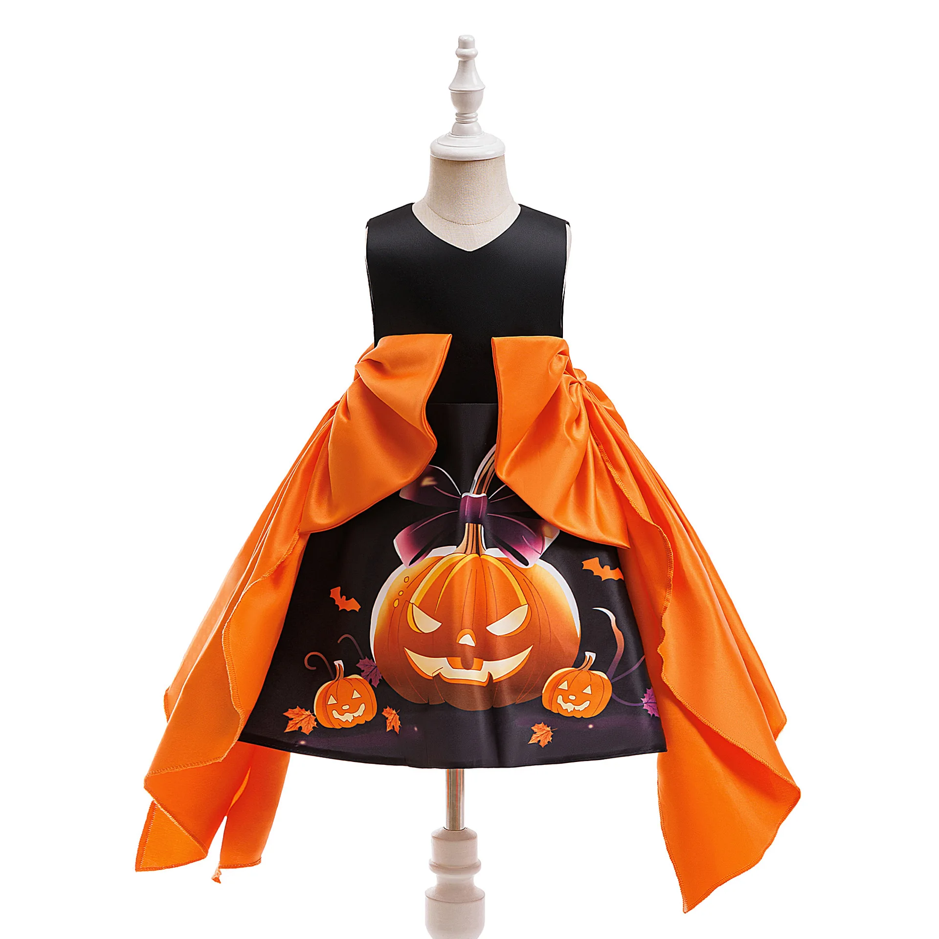 Girls Pumpkin Bat Print Mesh Tutu Princess Dress – Kids Halloween Witch Cosplay Costume for Carnival Photography
