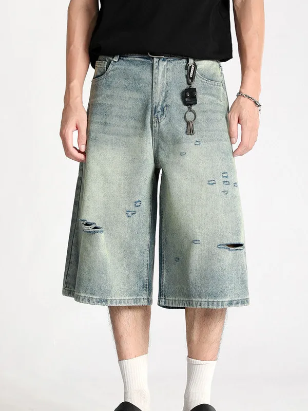 

Мужские летние модные рваные джинсовые брюки выше колена, студенческие прямые брюки на пять футов, американские повседневные цветные брюки со средней талией