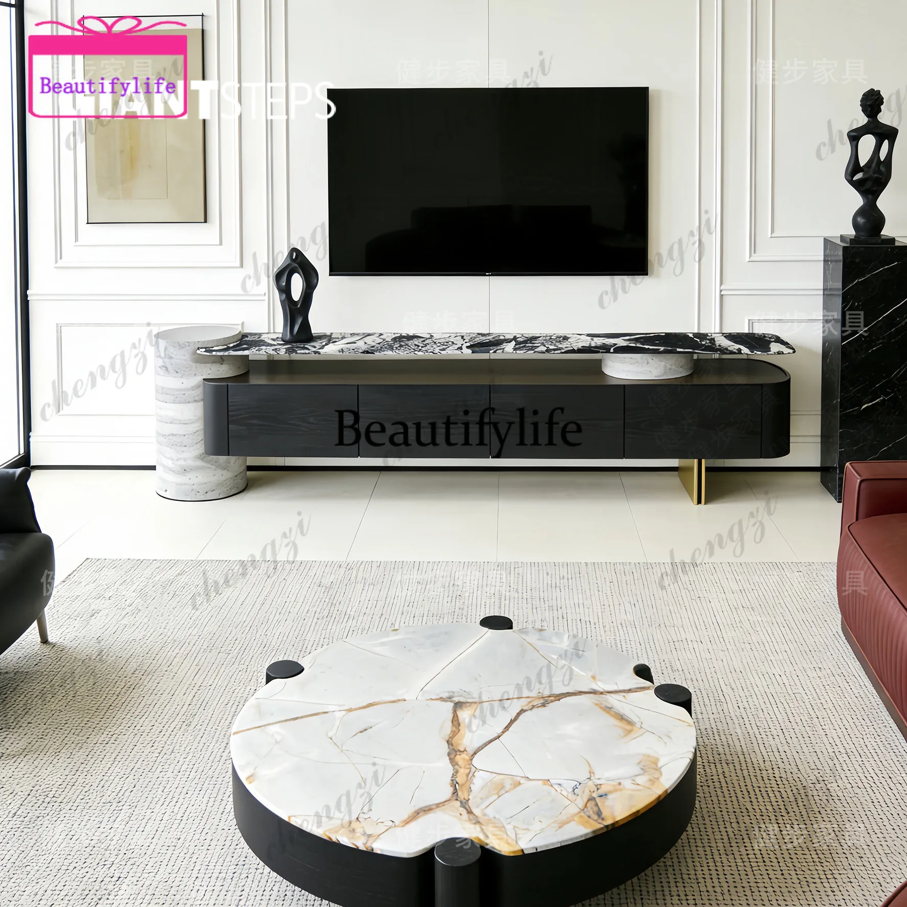 A55 Light luxury natural marble countertop TV cabinet Modern simplicity, black height minimalist Italian style