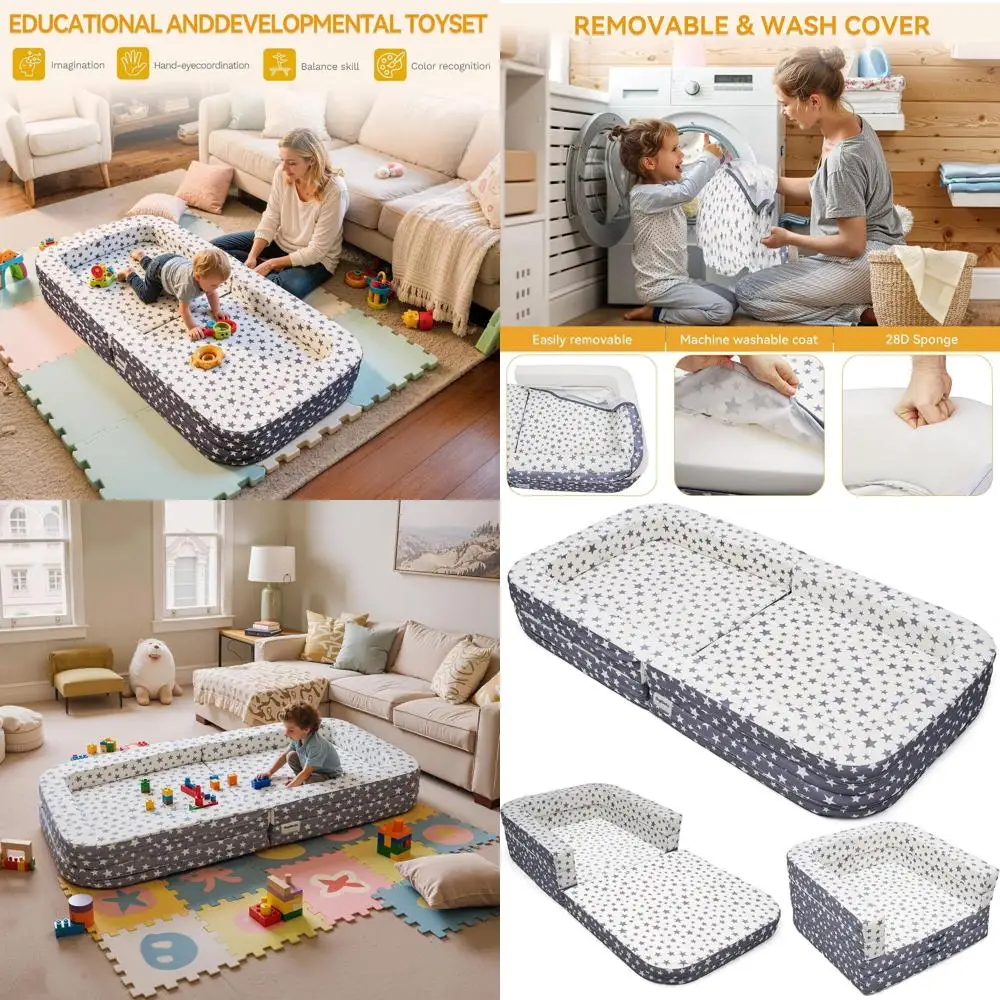 

Портативная кроватка-манеж для малышей, 3-в-1: игровой коврик, напольная кровать, легкая и удобная для переноски, ткань с принтом «звезды», 60x30x7.9 для игр и отдыха