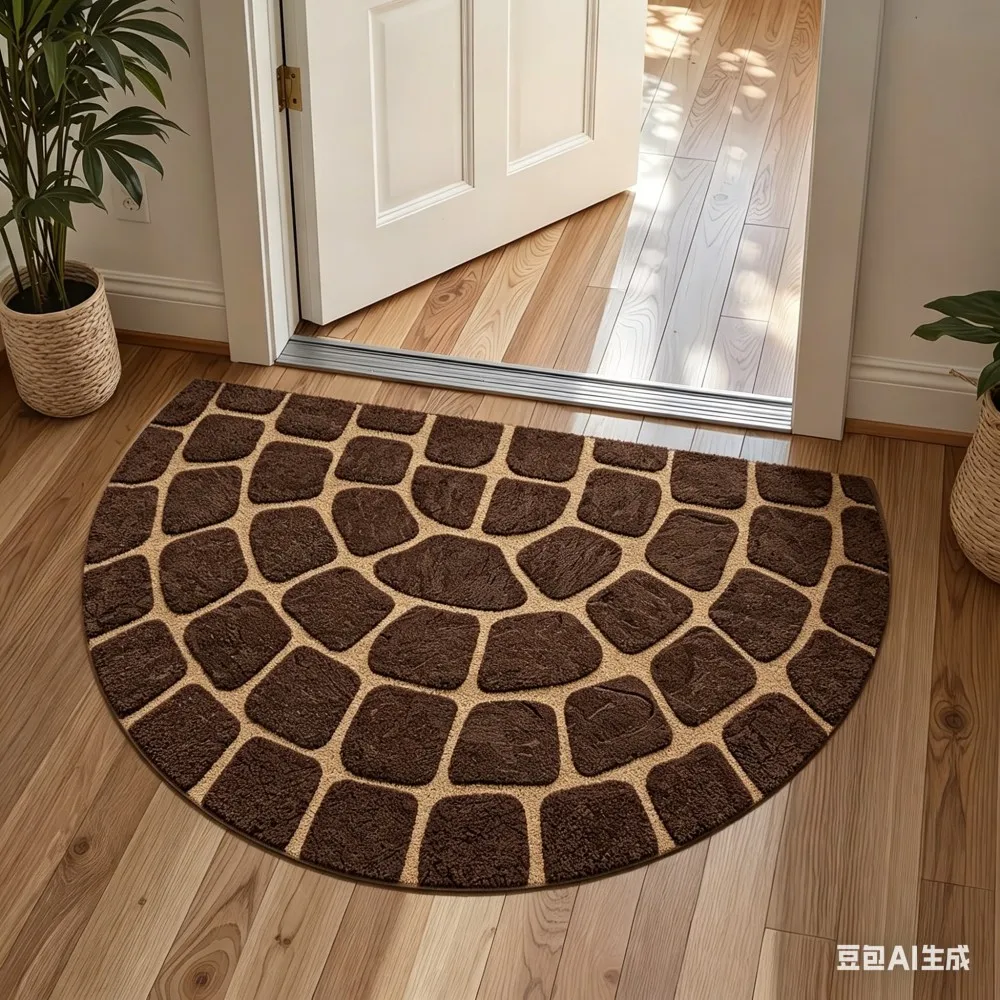 Retro Stone Pattern Semicircle Welcome Door Mat Vintage Grey Cobblestone Entrance Rug Anti-Slip Floor Carpet for Home  Decor