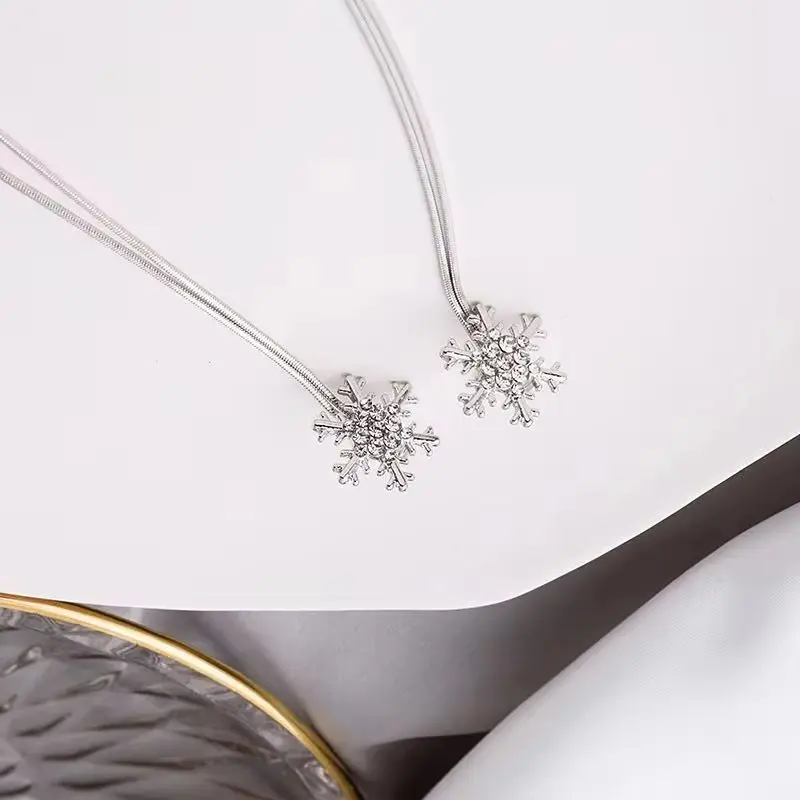 Newly Elegant Long Tassel Earrings with Rhinestone Snowflakes, Wedding Party Christmas Gift for Women, Dangle Ear Studs Jewelry
