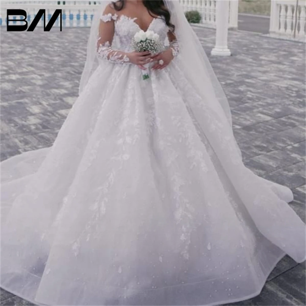 Delicate Pearls Wedding Dress for Women Customized Sheer Neck Full Sleeves Lace Ball Gown Bride Dresses Plus Size