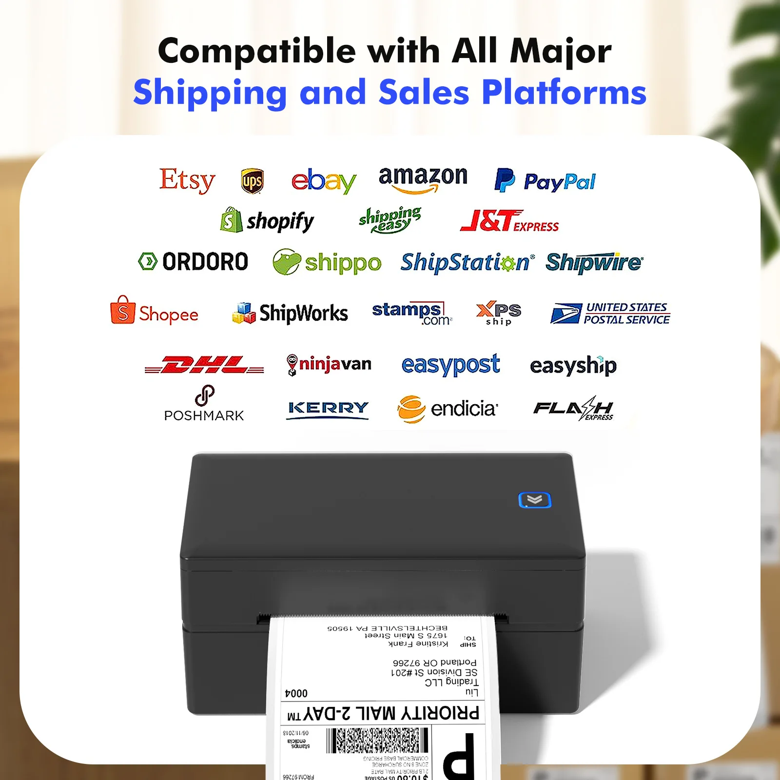 Bluetooth 4x6 shipping label printer compatible with Android, iOS, Windows, MacOS, widely used on Amazon, eBay, Shopify, Etsy