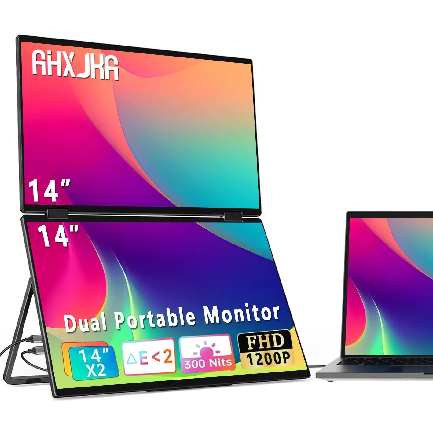 AHXJKA 14 Inch 1920×1200 FHD Dual Portable Monitor IPS 72%sRGB VESA Second Screen for Laptop Phone PC XBox Desktop Game Consoles