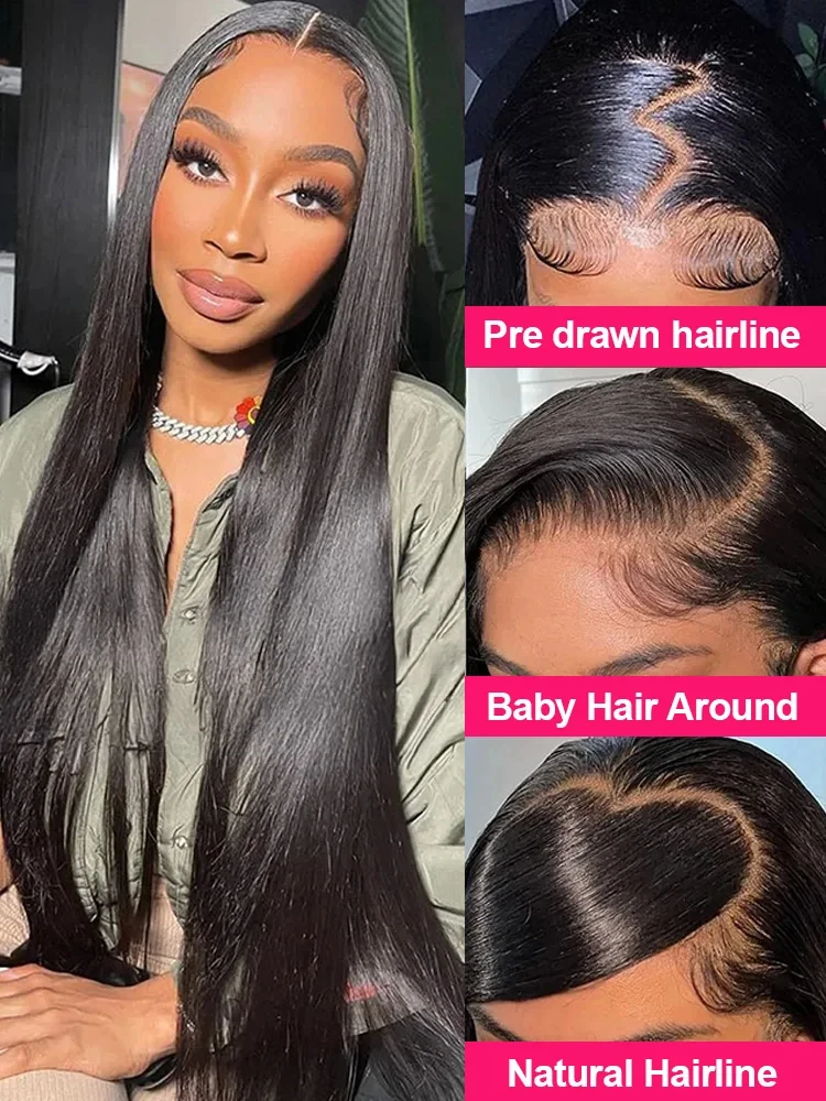 密度200、42インチ、ストレート、HD透明、13x6レースフロントウィッグ、ブラジル産13x4、5x5 HDレースフロント人毛ウィッグ（女性用）