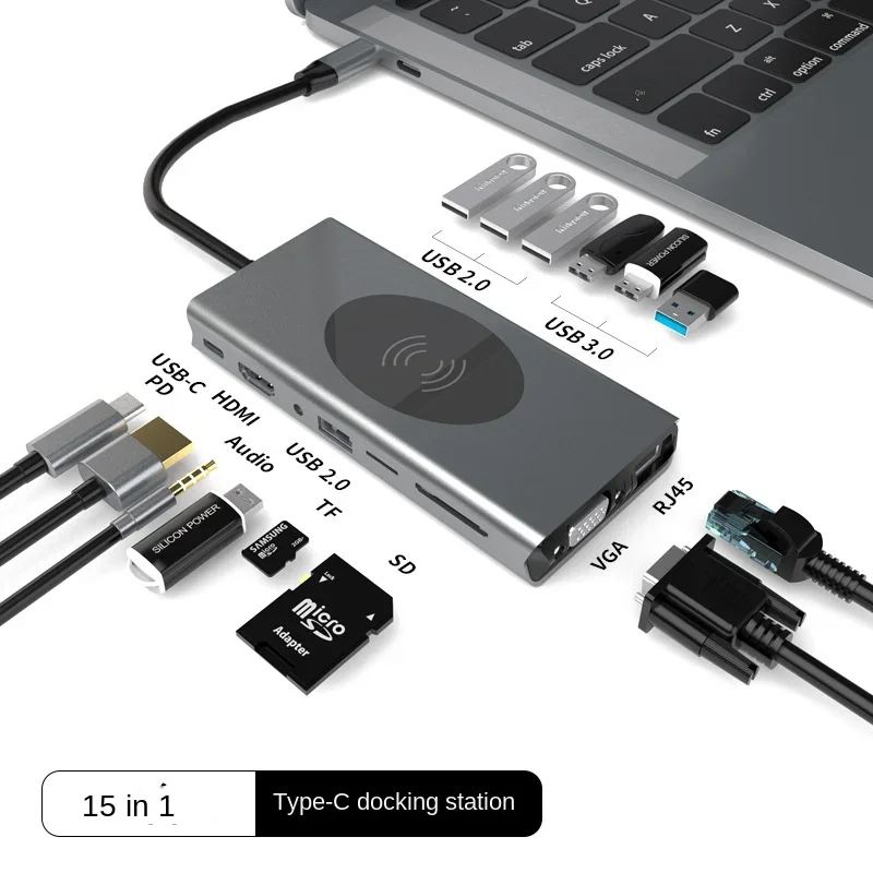 15-in-1 Type C Docking Station, USB Hub USB 3.0 Wireless Charging  Laptop USB Adapter for Xiaomi Lenovo Macbook 13 15 Air