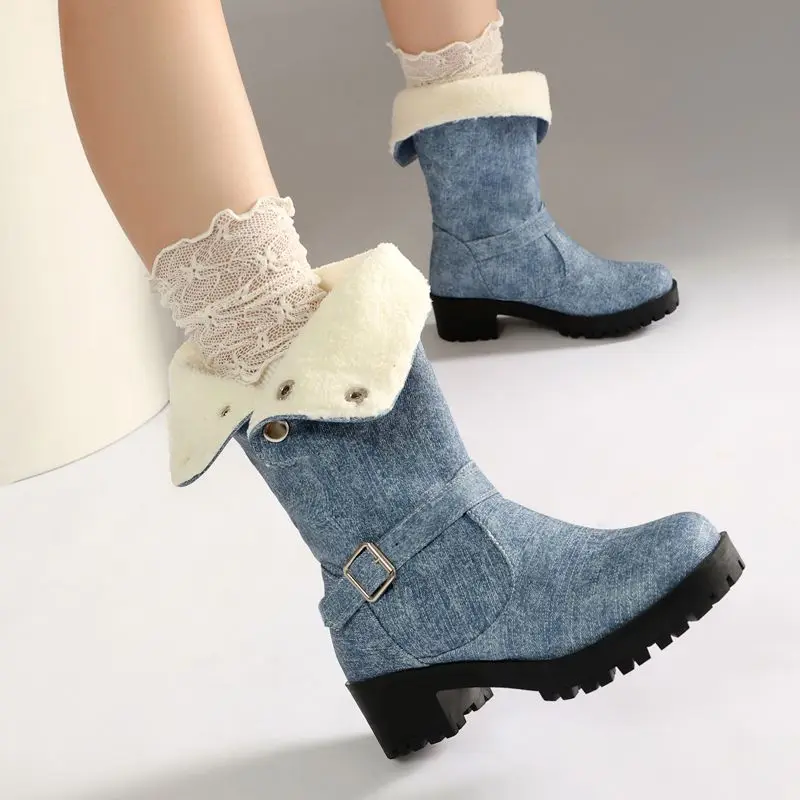 REAVE CAT Blue Women Mid Calf Boots Round Toe 4.5cm Thick Heel Button Belt Buckle Warm Plush Big Size 44 45 Leisure Daily Botas