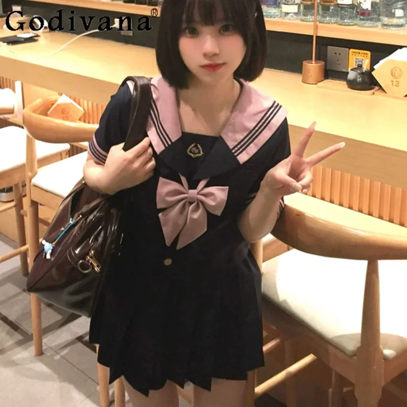 Sweet Japanese Jk Simple Short Sleeve College Age-reducing Shirt Fashion High Waist A-line Youthful Cute Pleated Skirt Sets