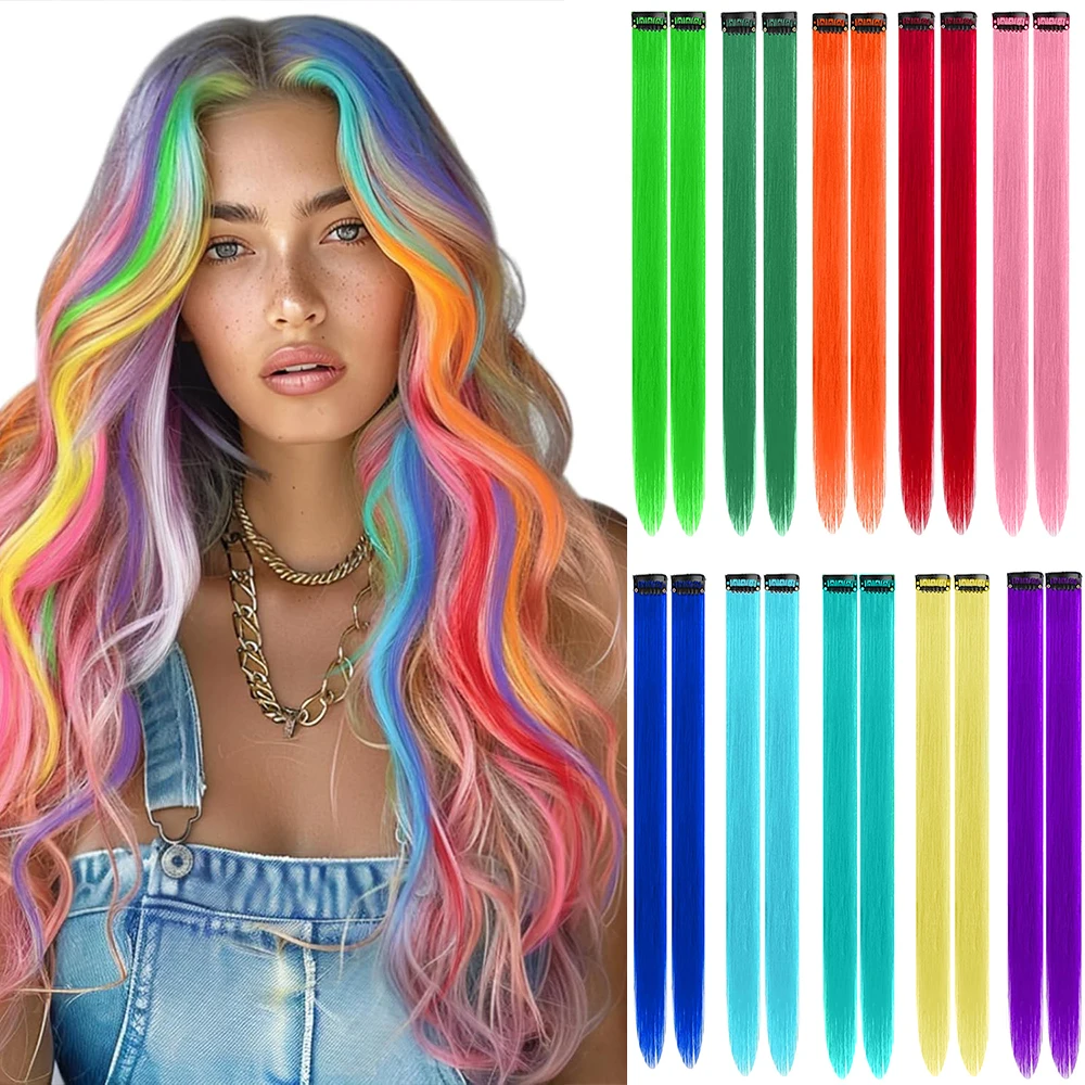 Colored Hair Synthetic Extensions Colorful Clip in Hair 22 inch Synthetic Straight Hair Extensions for Kids Girls Women