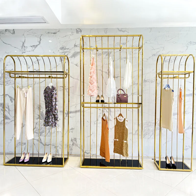 customized.High End Floor Standing Golden Stainless Steel Garment Clothing Display Racks Boutique Clothes Store